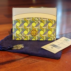 Tory Burch Robinson Acid Lemon Basket Weave Card Holder + Dust Bag Nwt❤️